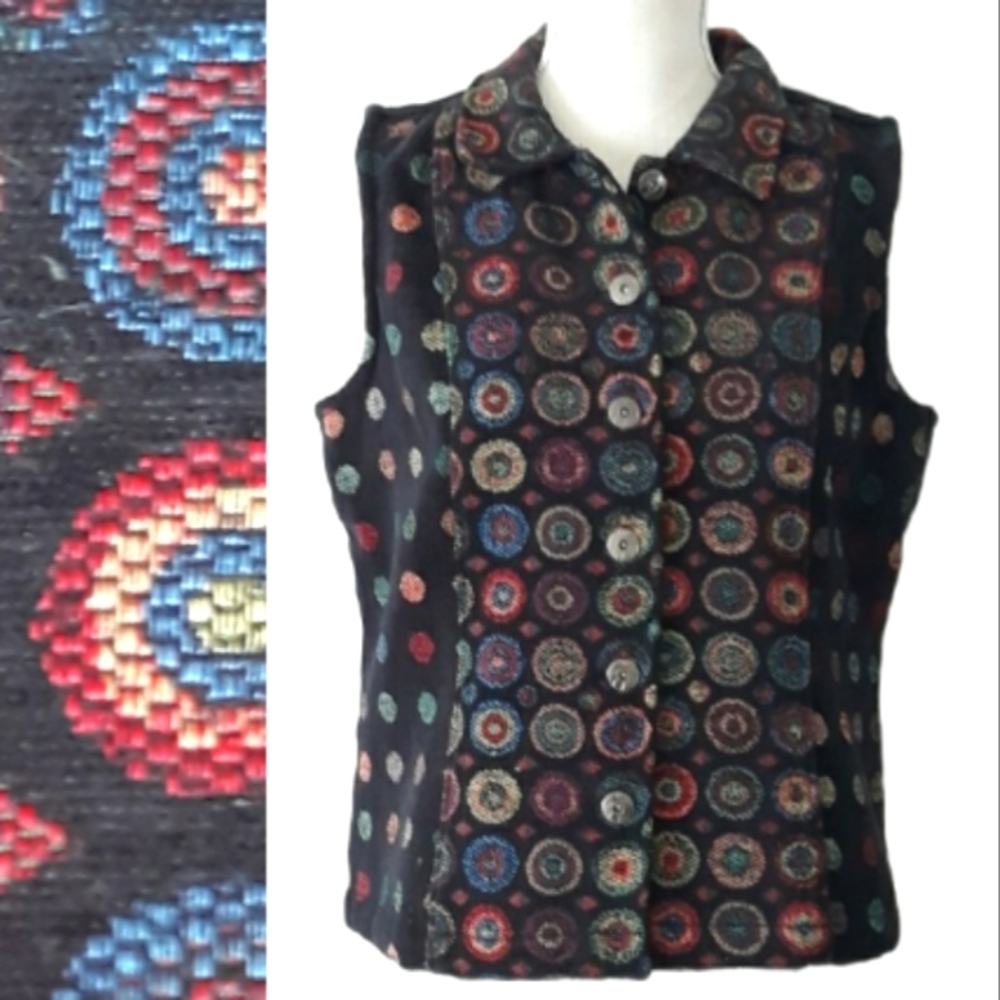 Christopher & Banks Black Tapestry Vest with Colorful Circles - Size Medium